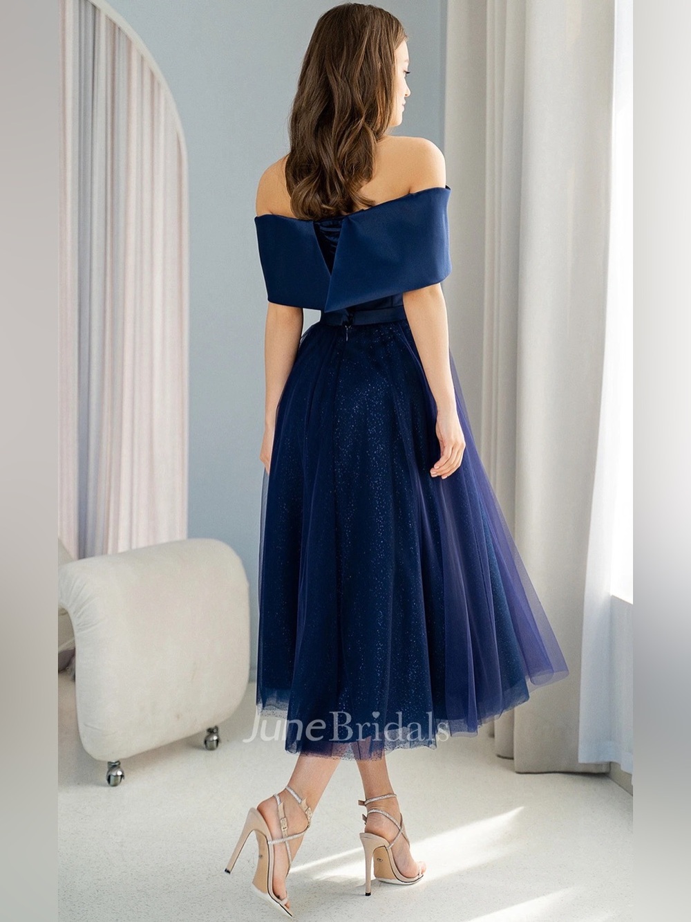 NWT Modern Tea-length A-Line Off-the-shoulder Satin Tulle Formal Dress. Navy 12 - Picture 2 of 10
